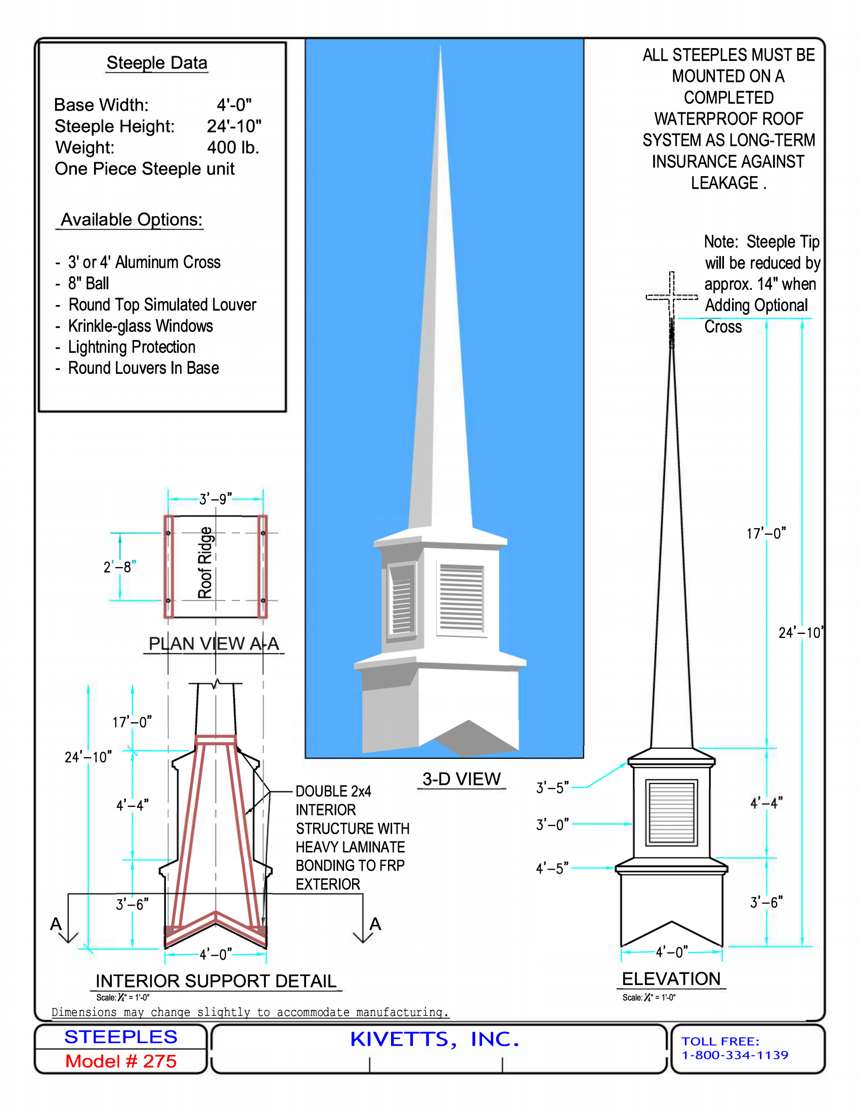 CHURCH STEEPLE, FIBERGLASS CHURCH STEEPLE